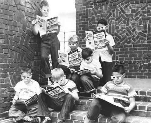 Kids reading Mighty Mouse, the first 3D comic book, 1953
