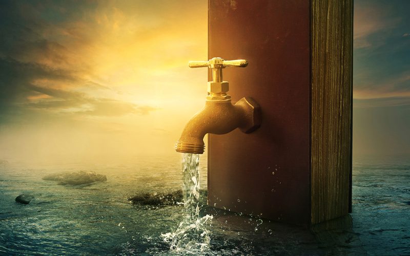 A water faucet connected to a book with pouring water.