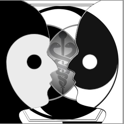 Outline of a black face on the left, and a white face on the right, facing one another face to face. In the background between them is the caduceus held within geometry conveying the feel of opposites.